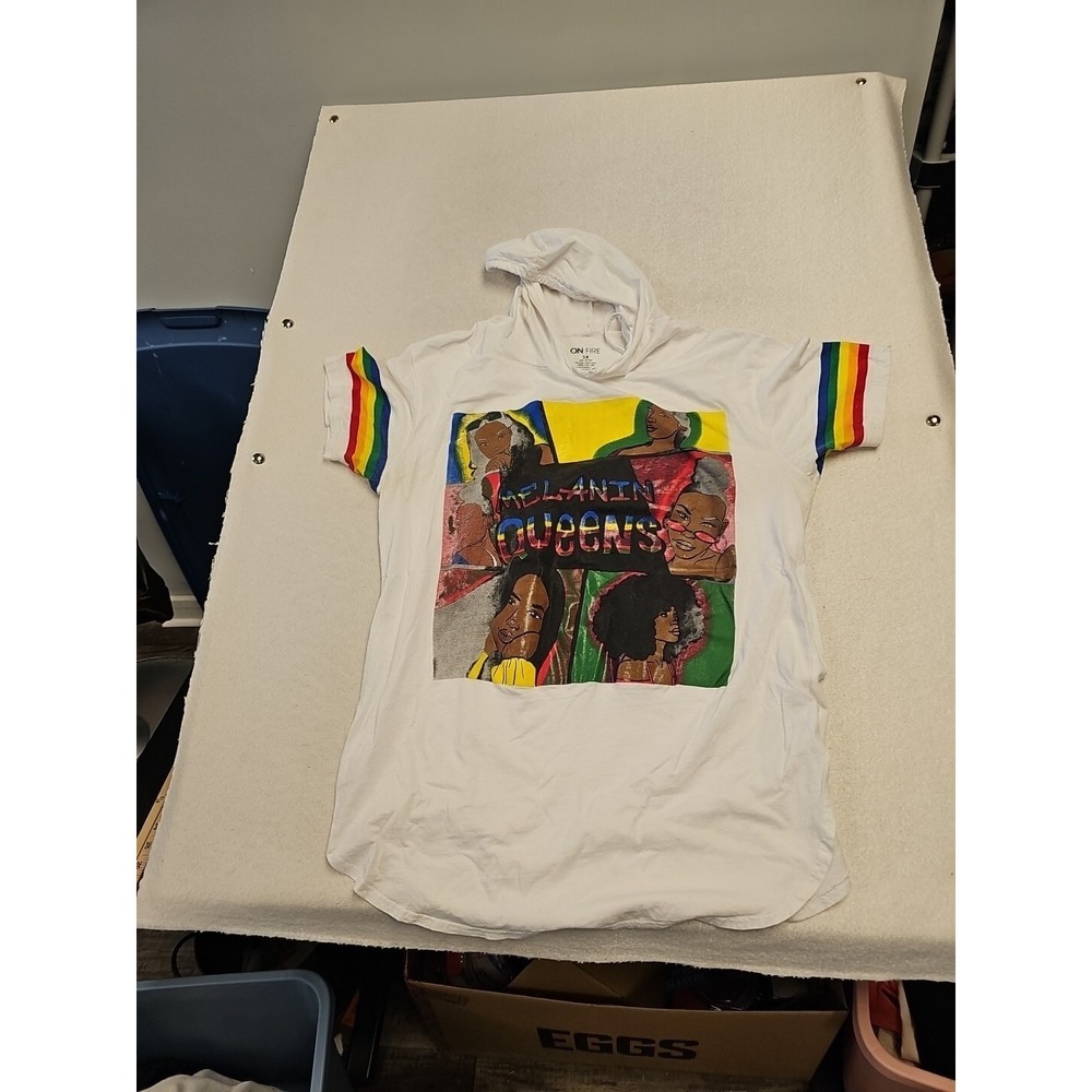 On‎ Fire Melanin Queens Graphic Hoodie T-Shirt White Rainbow Sleeve 3X Plus Size